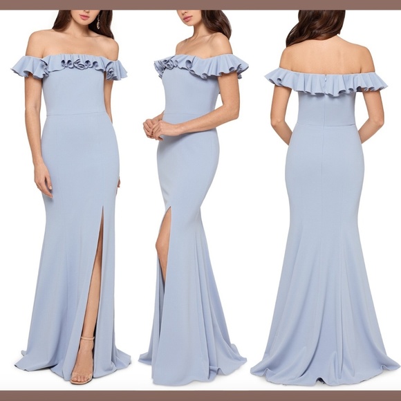 NWT $259 XSCAPE Ruffled Off the Shoulder Gown in Sky Blue‎ [ SZ 6 ] #e914 - Picture 1 of 12